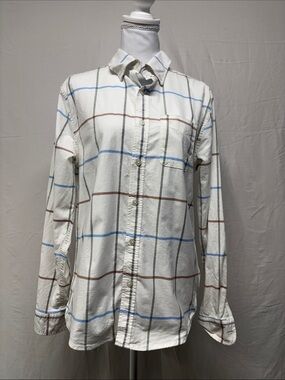 Men's White Windowpane Button-Down Shirt with Blue, Brown & Green Lines